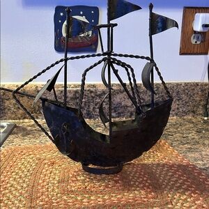 Nautical Black Metal Ship Sculpture